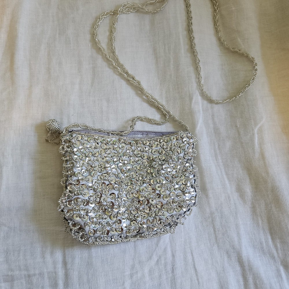 Elegant Silver Beaded Women's Bag